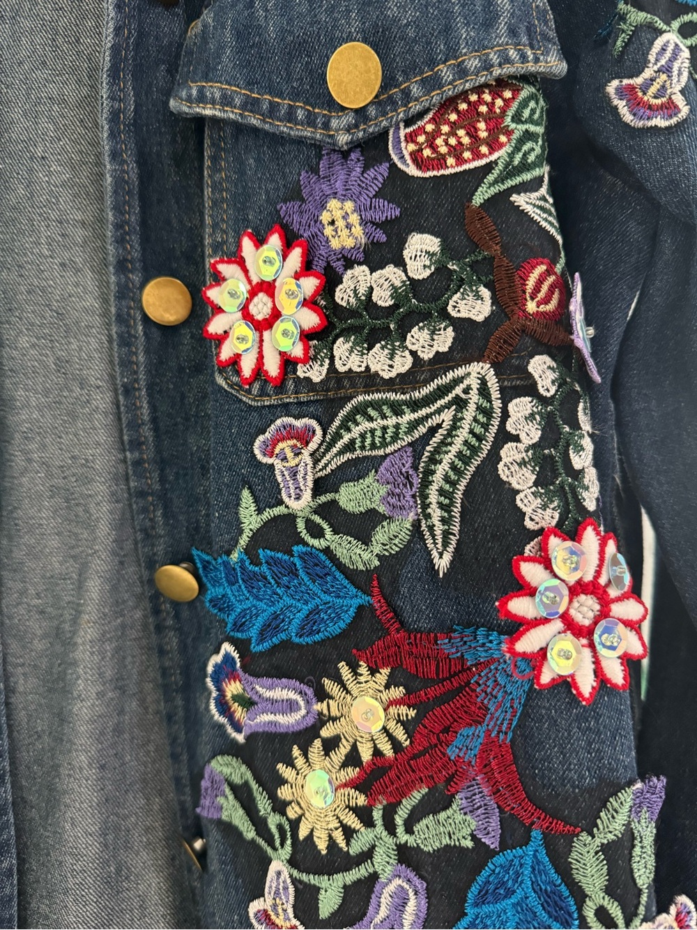 Embroidered Floral Denim Jacket - Dark Blue - Picture 3 of 5